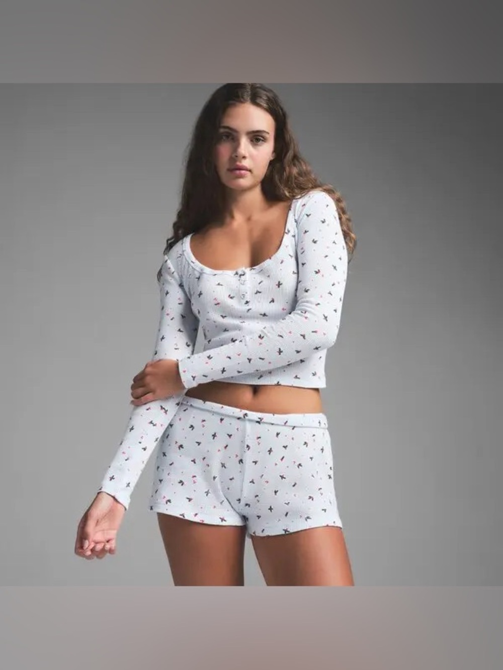 SKIMS Thermal Long Sleeve Henley & Short Set Cloud Holly Print